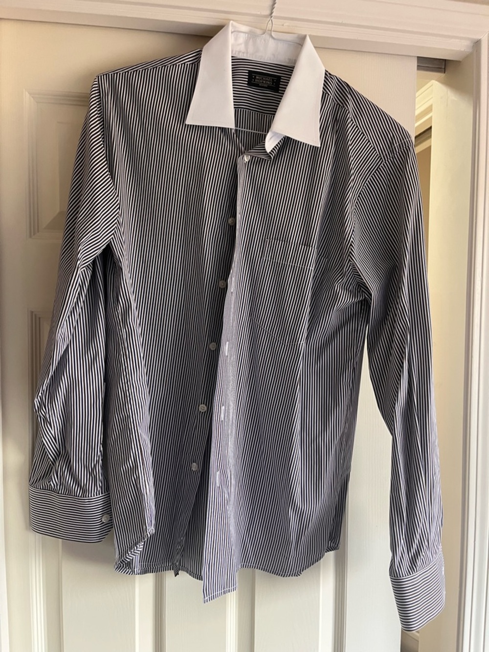 Classic brown blue& White Striped Men's Dress Shirt with White Contrast Collar.